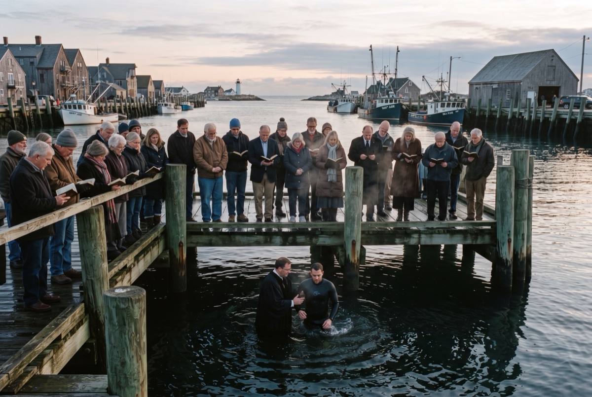 A congregation in wool coats gathered along a weathered pier at dawn, watching a baptism in the harbor below.