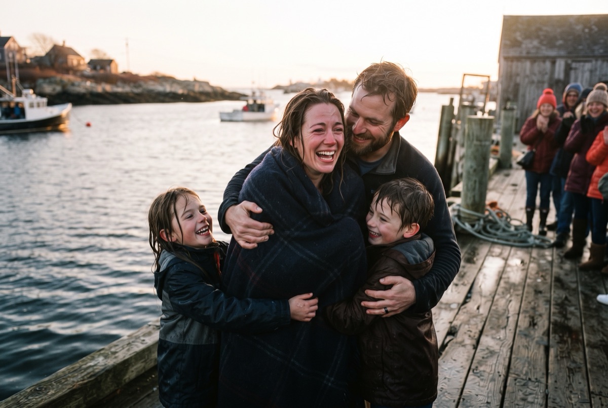 A newly baptized adult wrapped in a wool blanket, embraced by family on the pier, laughing.
