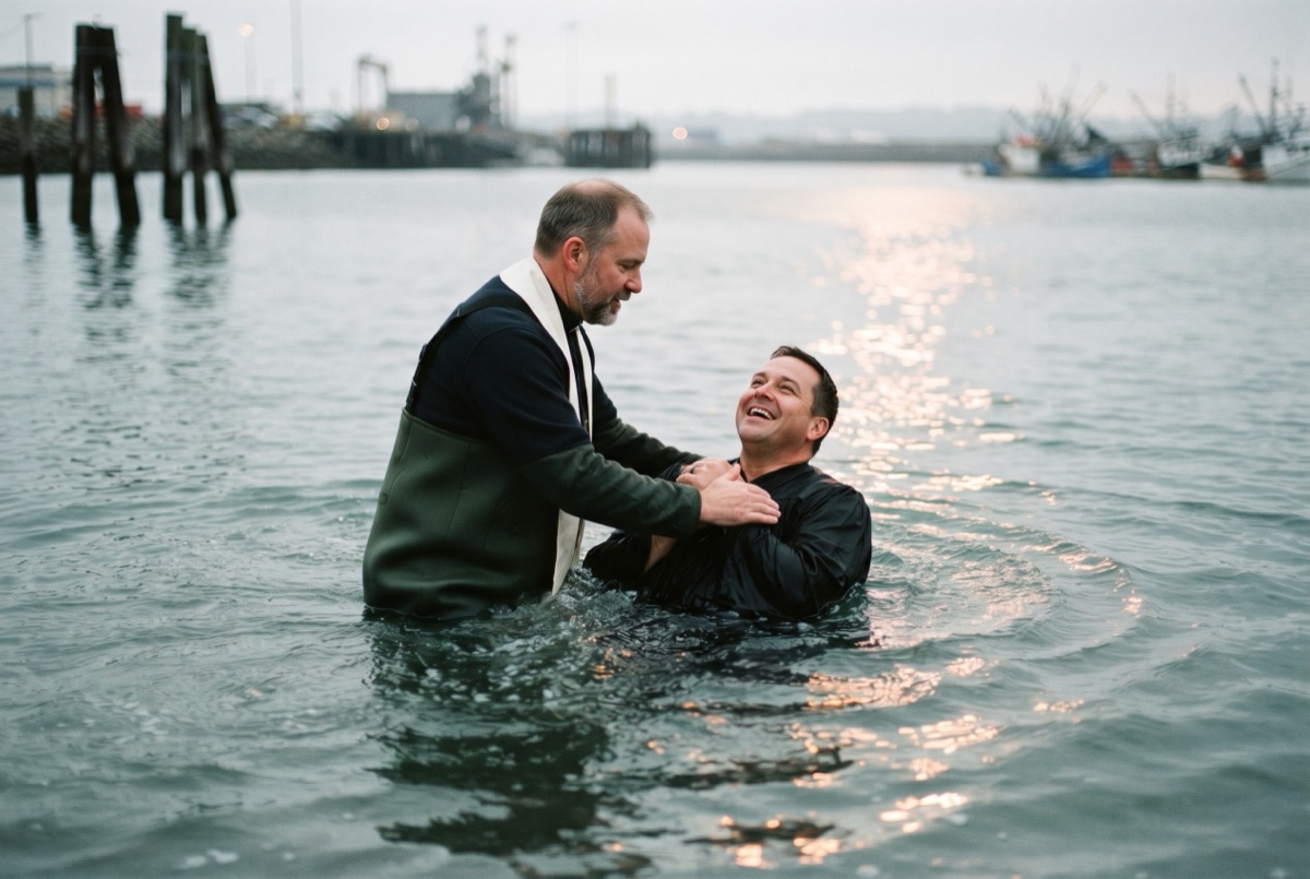 A pastor in waders waist-deep in cold harbor water, supporting an adult about to be immersed.