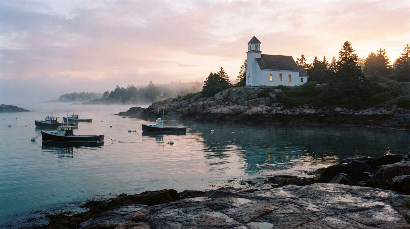 Dawn over Brennan Harbor: a small white clapboard church with warm-lit windows on a granite headland above calm water.